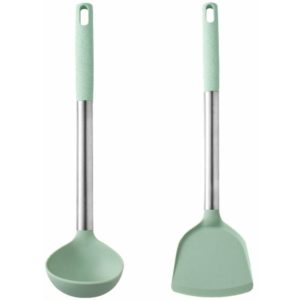 Silicone Kitchen Utensil Set, Premium 2 Pieces Set with Stainless Steel Handle Kitchen Utensils Non-Stick Shovel + Spoon