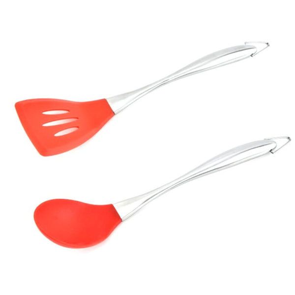 Silicone Stainless Steel Kitchen Utensils Set,2-Pieces Flexible Silicone Head Cooking Spoons Utensil Long Geng + Leaky Shovel
