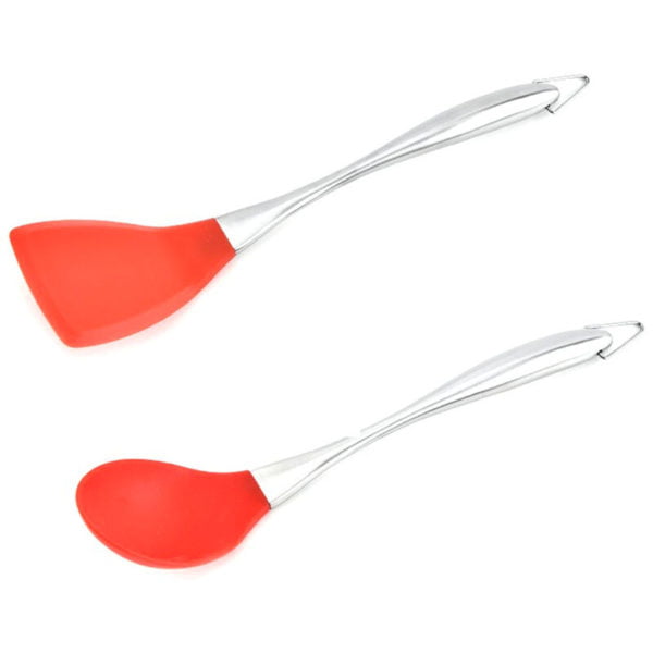 Silicone Stainless Steel Kitchen Utensils Set,2-Pieces Flexible Silicone Head Cooking Spoons Utensil Long more + dense shovel