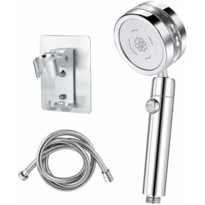 Silver Turbocharged Shower Head with 1.5m Hose and Wall Mounted Shower Holder, One Button Switch, Detachable and Easy to Clean Shower Head