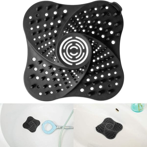 Sink Drain Filters, 13 x 13 cm, 1 x Black, with 4 Suction Cups, Bathroom Water Stopper, Shower Hair Strainer, Bathtub Hair Catcher Filter, Easy