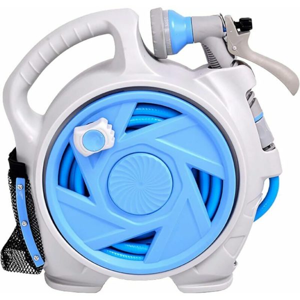 Small Garden Hose Reel, 50ft Retractable Garden Hose Reel with 7 Water Spray Modes, Tangle-Free Wall Mount and Convenient Storage (Mini, Blue)