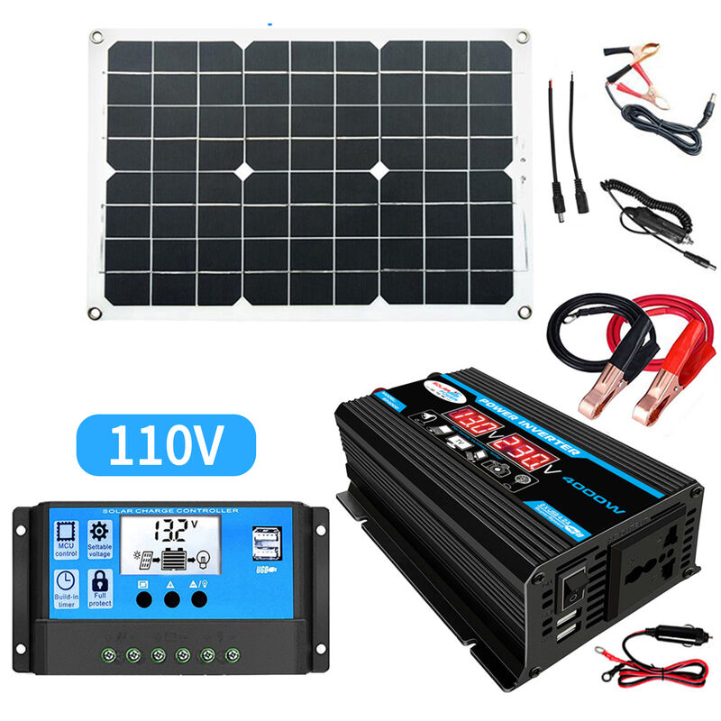 Solar Panel System 18V 20W Solar Panel 30A Charge Controller with Dual USB Car Solar Inverter Kit Complete Power Generation Supply, Black 110V