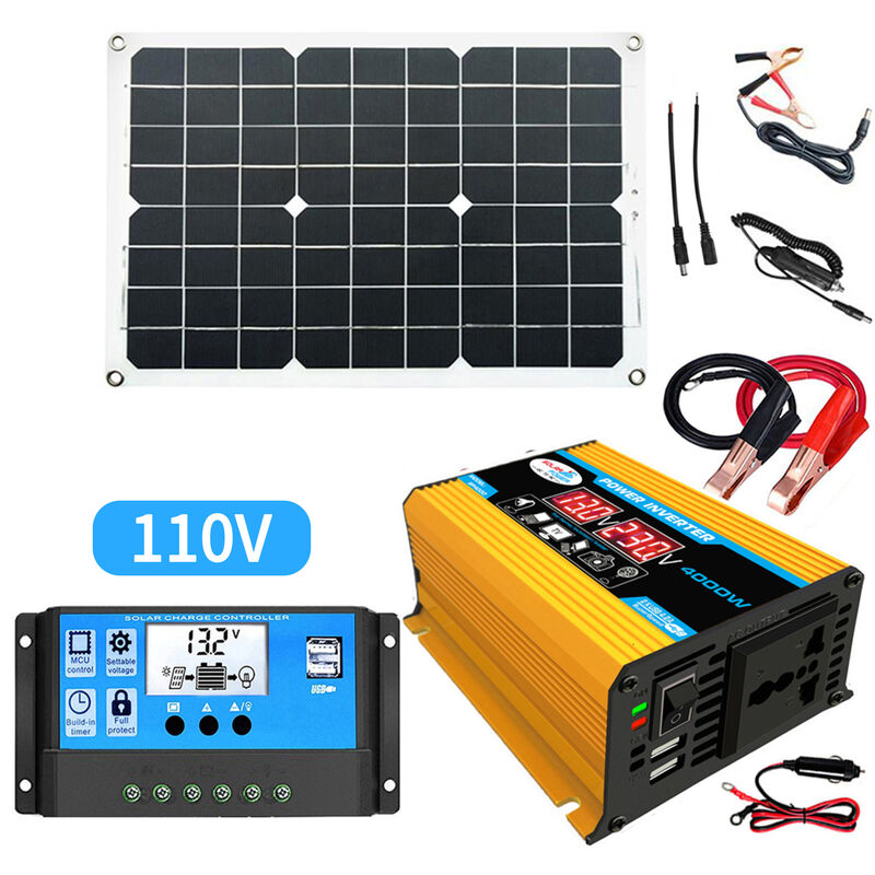 Solar Panel System 18V 20W Solar Panel 30A Charge Controller with Dual USB Car Solar Inverter Kit Complete Power Generation Supply, Yellow 110V