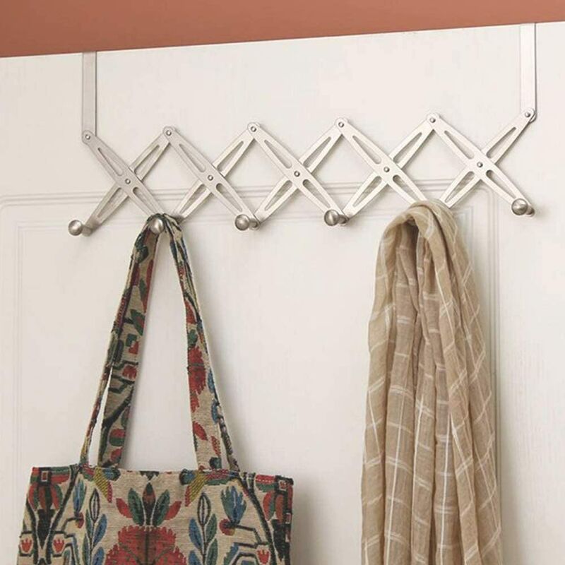 Stainless Steel Door Hook Coat Rack Telescopic Folding Door Hook with 6 Hooks for Door Living Room Bedroom Bathroom Closet (Silver)