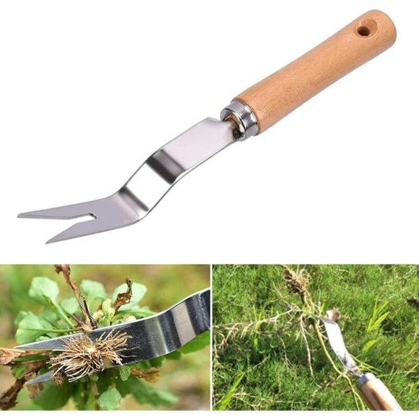 Stainless Steel Hand Weeder Root Weed Fork Wood Handle Weed Control Tool Y-Shaped Weed Extracto