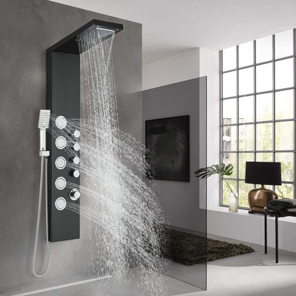 Suguword - Shower Panel Tower with 4 Functions Rainfall and Waterfall Head Massage Jet 3-Types Hand Shower Can Working at The Same Time Black Shower
