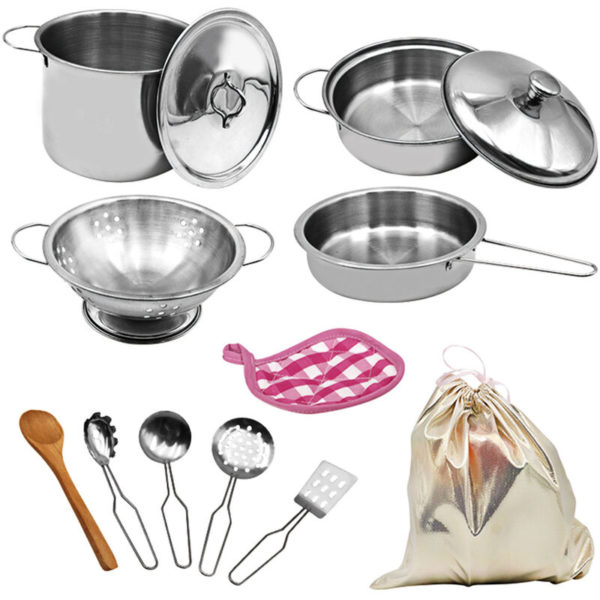 Superseller - 12 pcs Kitchen Set Pretend Play with Storage Bag Simulated Kitchen Toy Stainless Steel Soup Pot Pan Shovel Spoon Children Chef Role