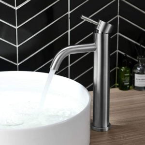 Tall Basin Sink Faucet, Single Handle 304 Stainless Steel Basin Mixer Tap, Modern Bathroom Mixer Tap Design with pex Hose, Hot and Cold Adjustable,