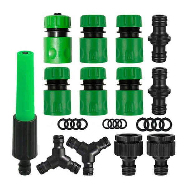 Tap connectors to connect a garden hose. (Plastic spray gun * 1, fast water connection 1/2 * 6, tap connector 3/4 -1/2 * 2, 1/2 Crossing right * 2,