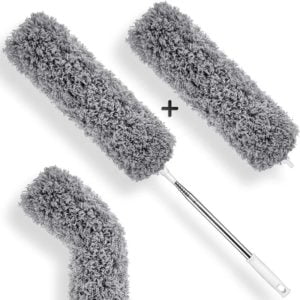 Telescopic Duster - Set of 2 Microfiber Tips - Long Extendable Stainless Steel Telescopic Duster - Washable Duster for Cleaning Windows, Radiators,