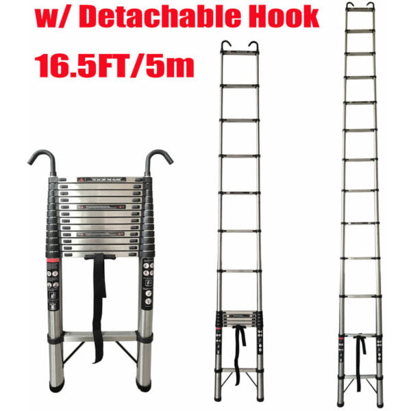 Telescopic Ladder 5M Multi-Purpose Folding Ladder with Hooks, Extendable Loft Ladder Portable Collapsible Ladder, Anti-Slip Telescoping Ladder,