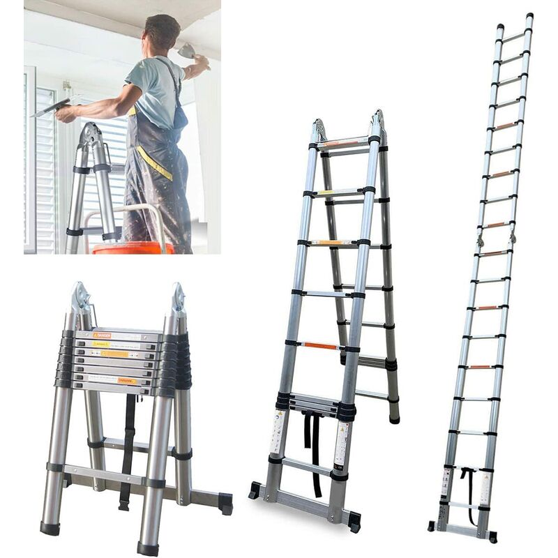 Telescopic Ladder 5M with Stabiliser, Multi-Purpose Foldable Step ...