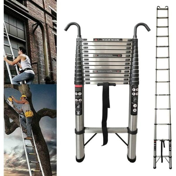 Telescopic Ladder 5m Extension Ladder with 2 Detachable Hooks, Stainless Steel Telescopic Extension Extendable Ladder Roof Ladders for Home, Compact