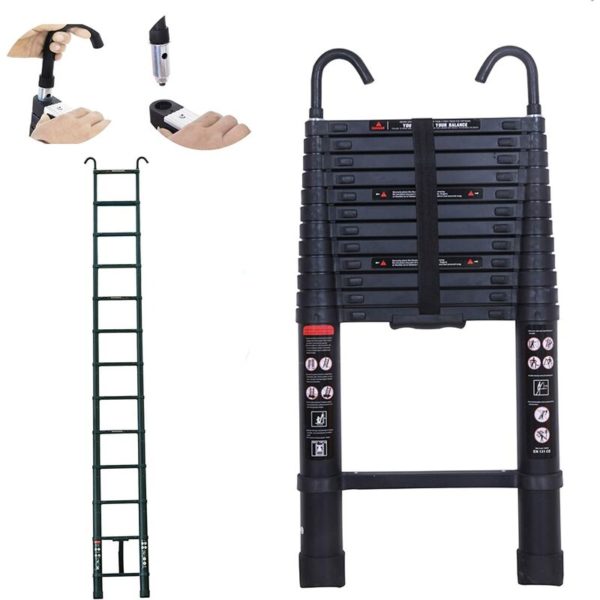 Telescopic Ladders with Hooks 3.8M 12.5FT Aluminuim Extendable Extension Light Weight Save Space Multi-Purpose Home Office Garden Loft Step Ladders