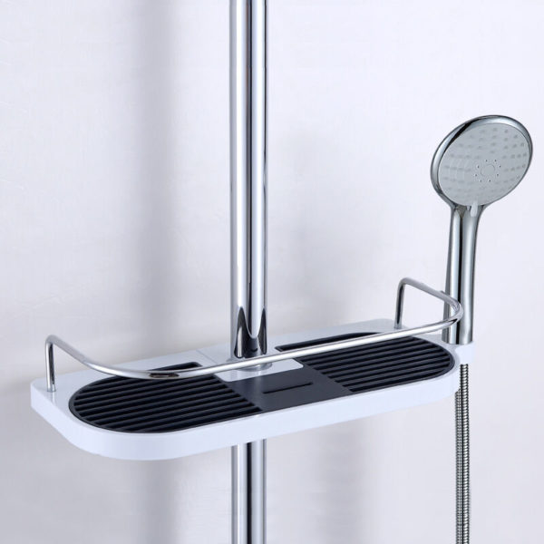 Telescopic Shower Shelf Adjustable Pole Aluminum Alloy with 2 Hooks, No Drilling Towels Storage Bathroom Shower Shelf, Shower Soap Holder Shampoo