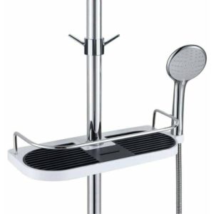 Telescopic Shower Shelf Adjustable Rod Bathroom Organizer Multifunctional Soap Dish for Shampoo Lotion Soap Storage, 1 Towel Hooks Included
