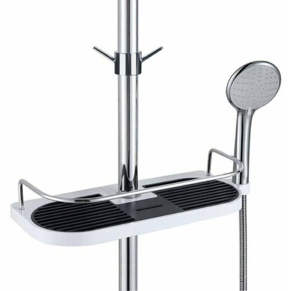 Telescopic Shower Shelf Adjustable Rod Bathroom Organizer Multifunctional Soap Dish for Shampoo Lotion Soap Storage, 1 Towel Hooks Included
