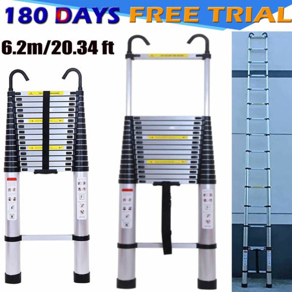 Telescoping Ladder 20ft 6.2M Aluminum Folding Loft Ladder with 2 Detachable Hook