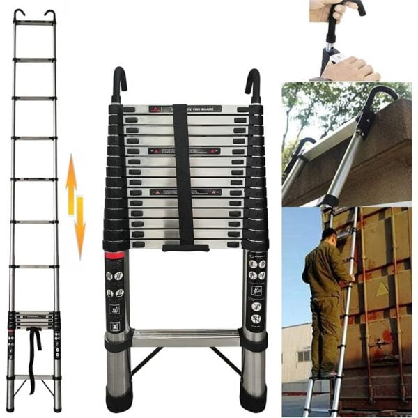 Telescoping Ladder With 2 Detachable Hooks , Extension Ladders 4.4M Telescopic Folding Extendable Portable - Great for Cleaning Gutters, Decorating,