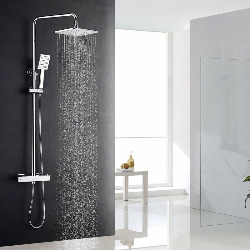 Thermostatic Shower Column 2 Functions Shower Set with 10 Inch Overhead Shower, High Adjustable 88-126 cm, Chrome