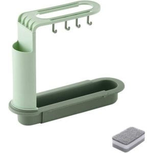 Tinor - Telescopic Sink Storage Rack, Adjustable Dish Rack, Kitchen Sink Drainage Basket with Cleaning Sponge (Green)