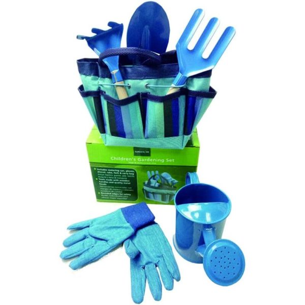 Toddler Gardening Tool Set, Kids Garden Tool Set, Watering Can Set, Gloves, Trowel, Shovel, Rake, Yard Bag and Childrens Gown (Blue)