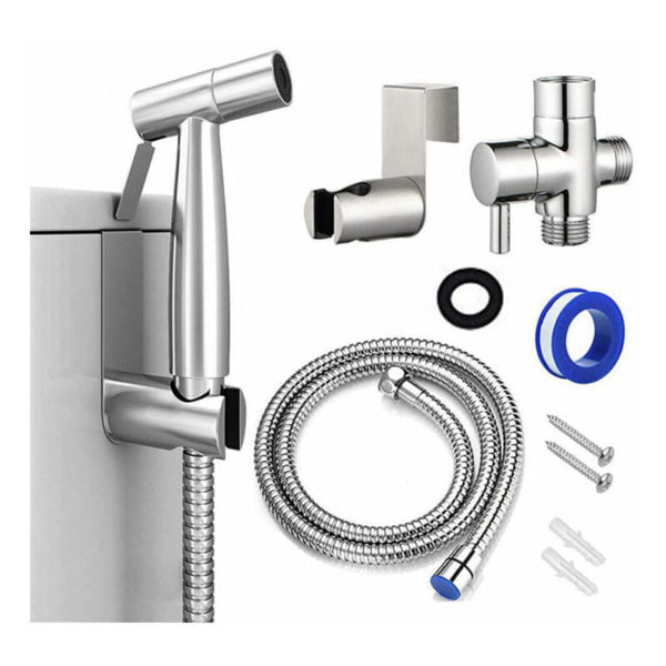 Toilet Hand Shower Kit, Shower Head for Bathroom Cleaning, Sprayer for Daily Personal Hygiene, Wall Hose Set (Silver)