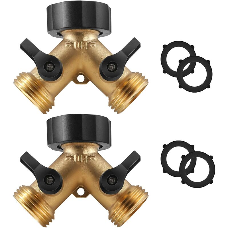 Two Way y Garden Hose Connector Diverter with Solid Brass Body + 4 Extra Rubber Hose Washers with Comfort Grip, 2 Pack