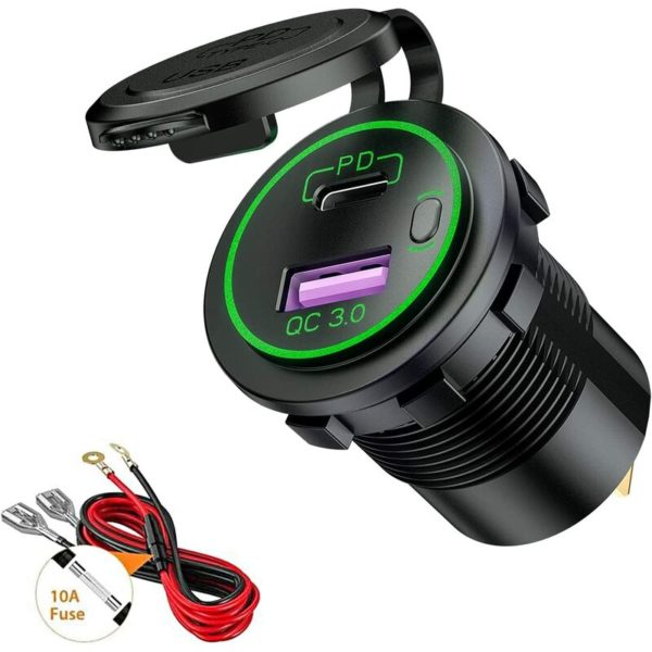 USB/QC3.0 and PD/Type-C Car Charger Socket with led and Waterproof Switch for 12V/24V Cars Boats Motorcycles (Green)