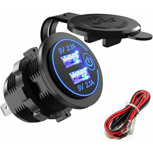 Usb Fast Car Charger Two QC3.0 usb Ports, 5V Waterproof with led Digital Voltmeter for Motorcycle, Caravan, Truck, Boat and More
