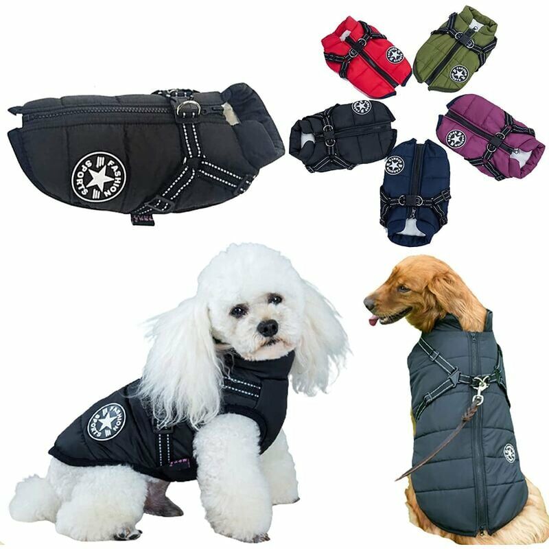 Waterproof Winter Coat with Dog Harness Jacket Warm Costume Clothes Puppy Pets Reflective Vest Windproof for Small Medium Large Dog Cat (L, Black)