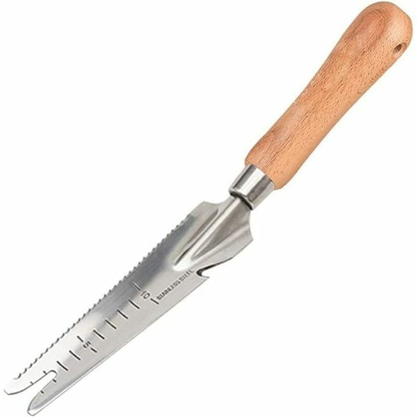 Weeder with wooden handle, stainless steel multi-function, garden tool for measuring, shovel, weeding, transplanting.