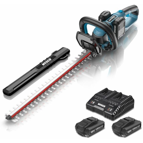Wesco Tools - wesco 36V Cordless Hedge Trimmer, 61CM Dual Action Cutting Blades, 27MM Cutting Capacity, 2.0Ah x 2 Li-ion Battery & Fast Charger,