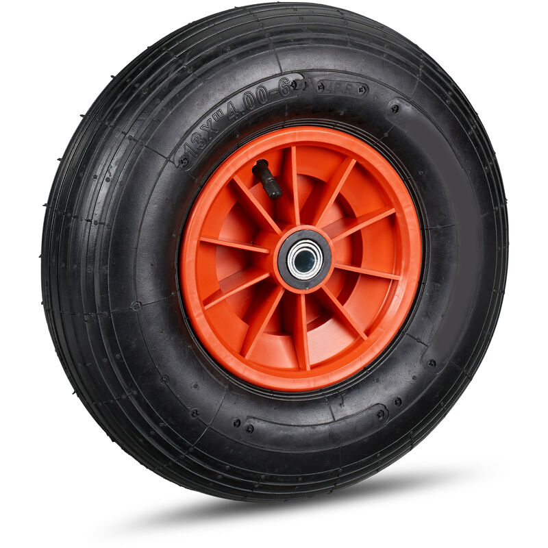 Wheelbarrow Tyre, 4.00-6, Plastic Rim, Pneumatic, 3 Adaptors, Replacement Spare Wheel, Black-Red - Relaxdays