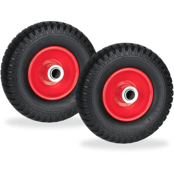 Wheelbarrow Wheels 2.50-4, Set of 2, Solid Rubber, Steel Rim, up to 80 kg, Replacement Tyre, Black/Red - Relaxdays