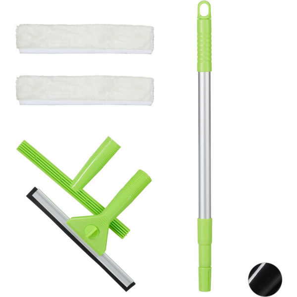 Window Cleaning Set, 5-Piece Pro Set, Squeegee & Washer, With Telescopic Pole, Green - Relaxdays