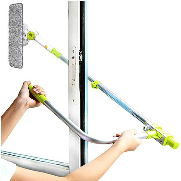 Window Squeegee with Smart Angle Extendable Telescopic Handle and Double Sided Exterior Squeegee