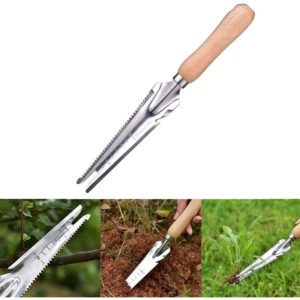 Wooden handle Manual Weeder Tool, Stainless Steel Weeder with Measure, Mower Tool, Weed Puller,Weeder Shovel for Garden Digging Transplanting Weeding
