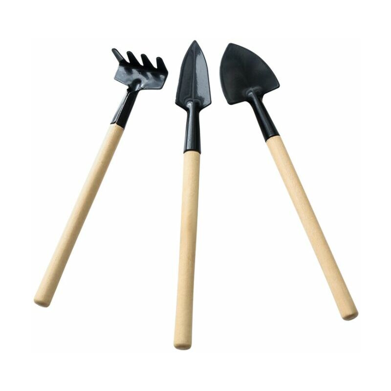 garden tools, small shovel rake and plants in wood-shaped wooden handle ...