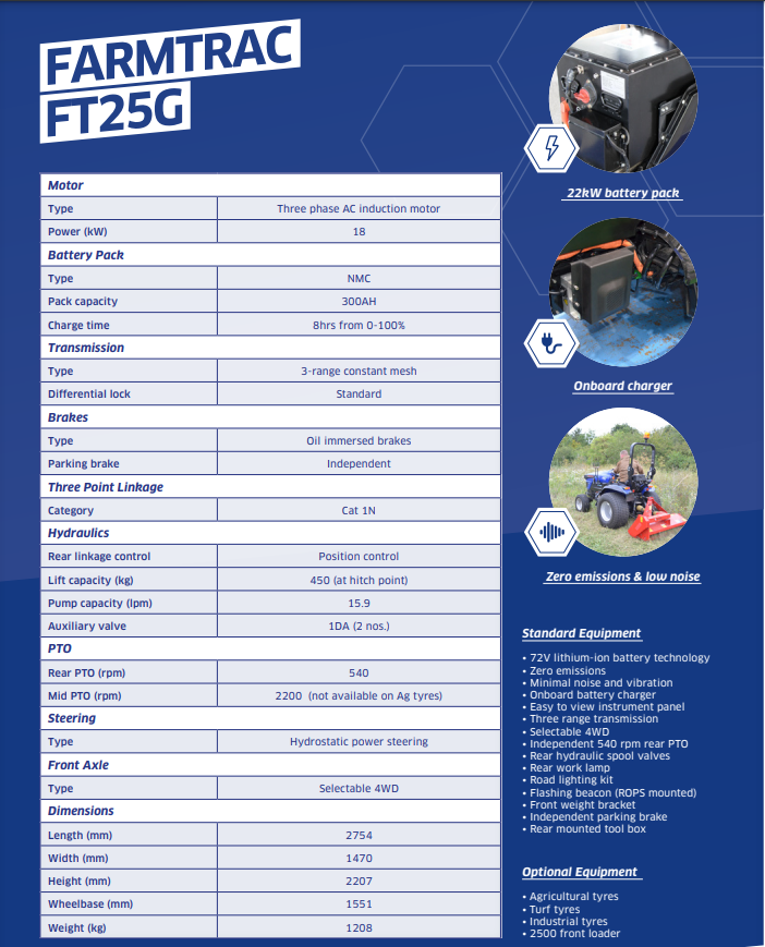 Specification for Farmtrac Electric FT25G Compact Tractor