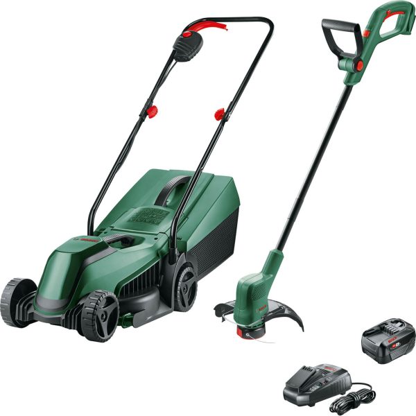 Bosch EASYMOWER 18v Cordless Rotary Lawnmower and Grass Trimmer Kit 1 x 4ah Li-ion Charger