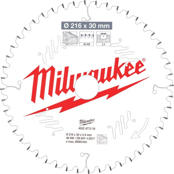 Milwaukee Negative Rake Circular Mitre Saw Blade 216mm 48T 30mm