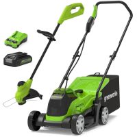 Greenworks 24v Cordless Brushless Rotary Lawnmower 330mm and Grass Trimmer 250mm