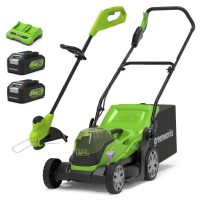 Greenworks 48v Cordless Rotary Lawnmower and Grass Trimmer 250mm 2 x 4ah Li-ion Charger FREE Garden Sprinkler & Trowel Set Worth £36