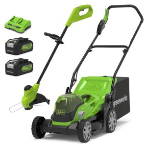 Greenworks 48v Cordless Rotary Lawnmower and Grass Trimmer 250mm 2 x 4ah Li-ion Charger FREE Garden Sprinkler & Trowel Set Worth £36