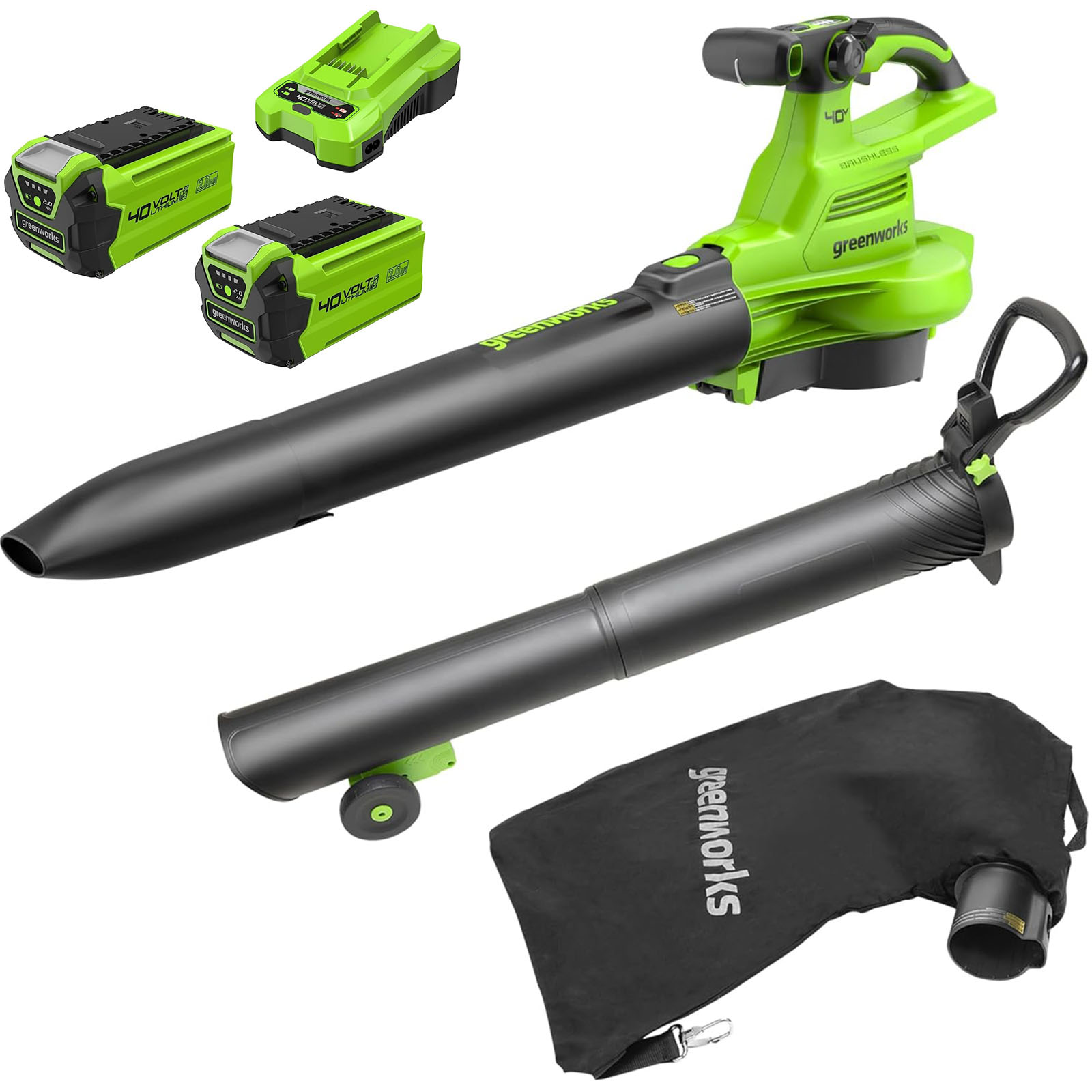 Greenworks GD40BVII 40v Cordless Brushless Leaf Blower Vacuum 2 x 2ah Li-ion Charger