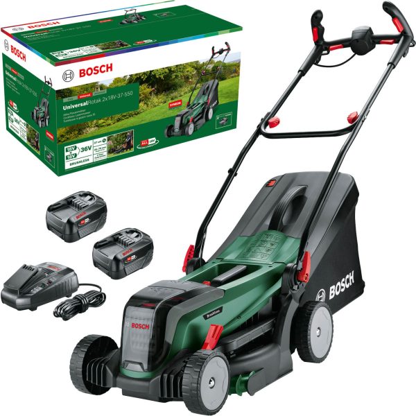 Bosch UNIVERSALROTAK 2X18V-37-550 P4A 36v Cordless Rotary Lawnmower 370mm 2 x 4ah Li-ion Charger