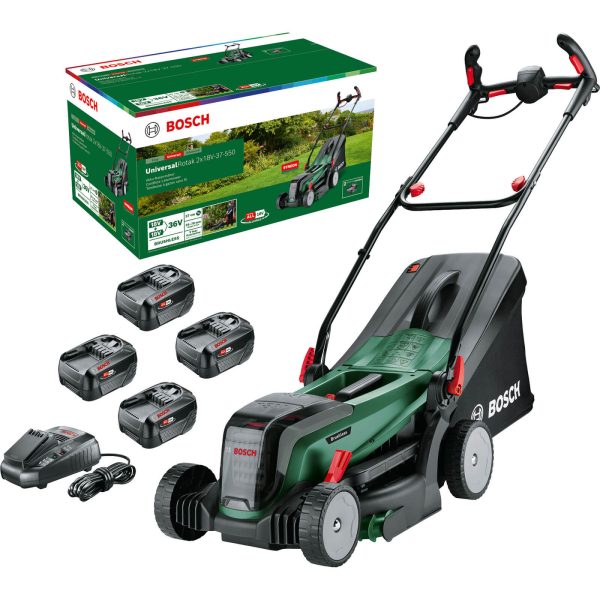 Bosch UNIVERSALROTAK 2X18V-37-550 P4A 36v Cordless Rotary Lawnmower 370mm 4 x 4ah Li-ion Charger