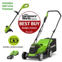 Greenworks 24V/48V Greenworks 24V 33cm Cordless Brushless Lawnmower PLUS 24V 25cm Line Trimmer (2Ah Battery & 2A Charger)